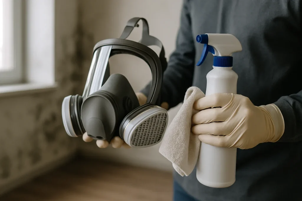 Mains gantées tenant un masque respiratoire et produits de nettoyage, arrière-plan flou d'une pièce moisie.