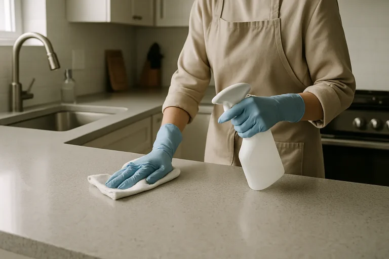 Cuisine en cours de nettoyage, mains gantées utilisant des produits sur un comptoir
