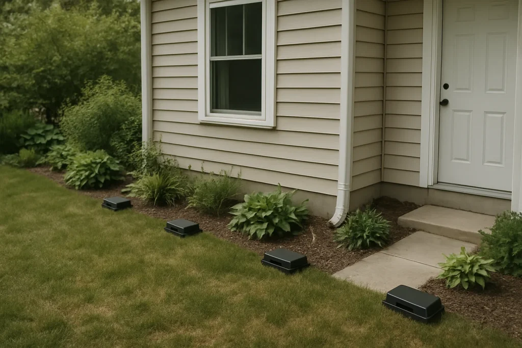 Vue extérieure d'une maison avec plusieurs pièges à rats visibles dans le jardin.