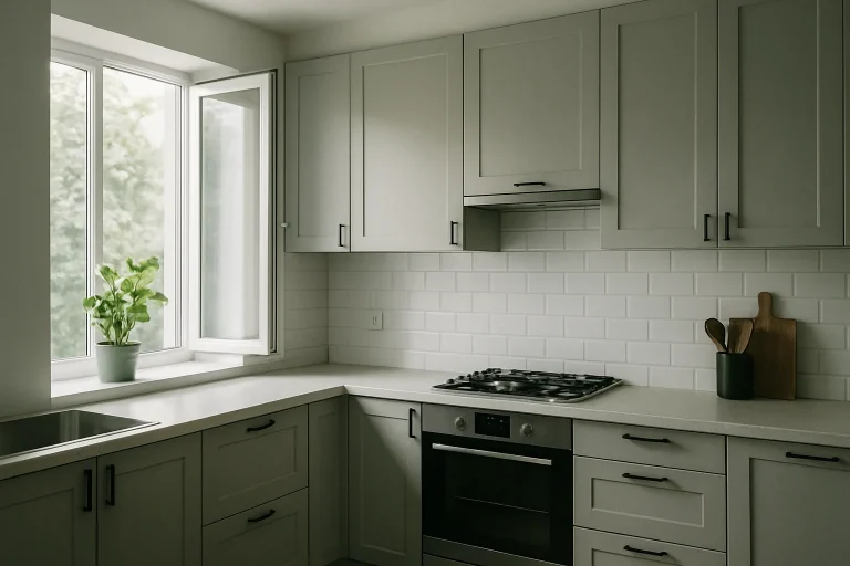 Vue d'une cuisine moderne avec fenêtre ouverte et lumière naturelle, symbole d'air frais.