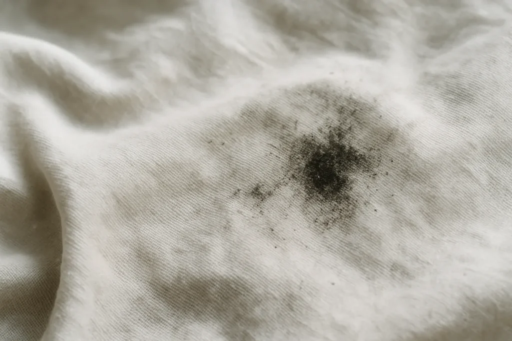 Gros plan d'un tissu en coton blanc avec des traces de suie, éclairage naturel.