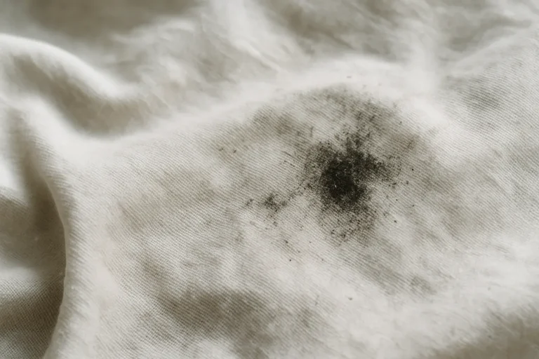 Gros plan d'un tissu en coton blanc avec des traces de suie, éclairage naturel.