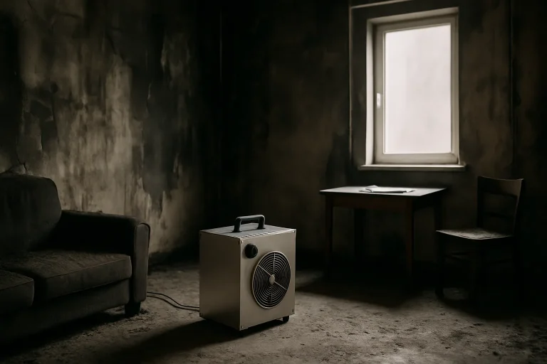 Machine à ozone dans une pièce aux murs noircis par un incendie, lumière douce.